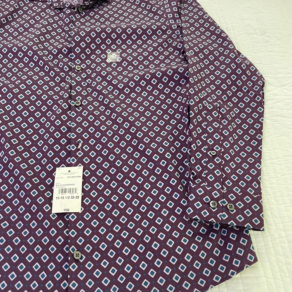 J. Ferrar Men Purple Blue Diamond Geometric Slim Fit Stretch Dress Shirt 15.5 32